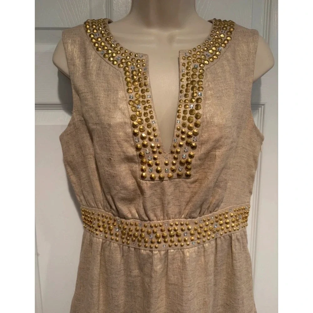 Kate Spade New York Gold Metallic Linen Studded Sheath Dress NJMU1225 Womens 4